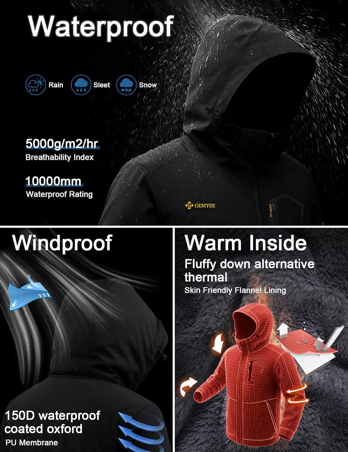 Men'S Waterproof Ski Jacket Winter Snow Coat with Detachable Hood